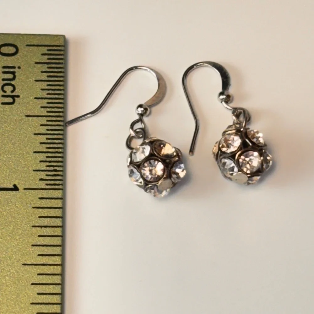 Vintage Crystal Disco Ball Earrings Silver Tone Pave Drop Dangle Y2K Statement